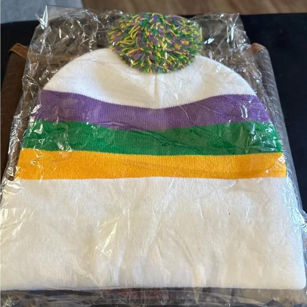 **Mardi Gras**White Beanie with Purple, Green, and Yellow Stripes